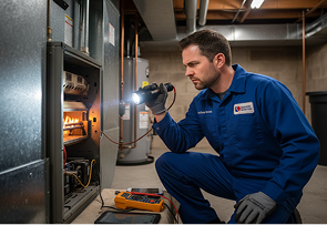 Technician inspecting furnace